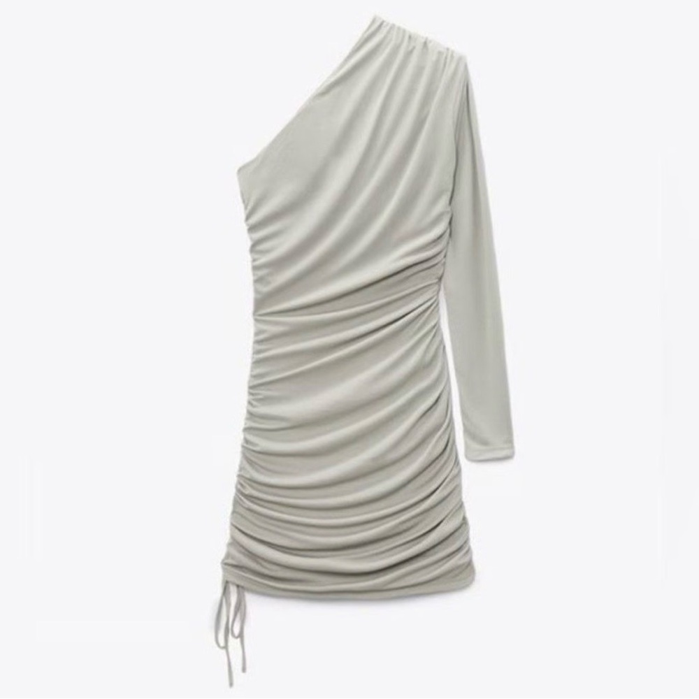 ZARA One Shoulder Asymmetrical Ruched Bodycon Stretch Mini Dress Size Small